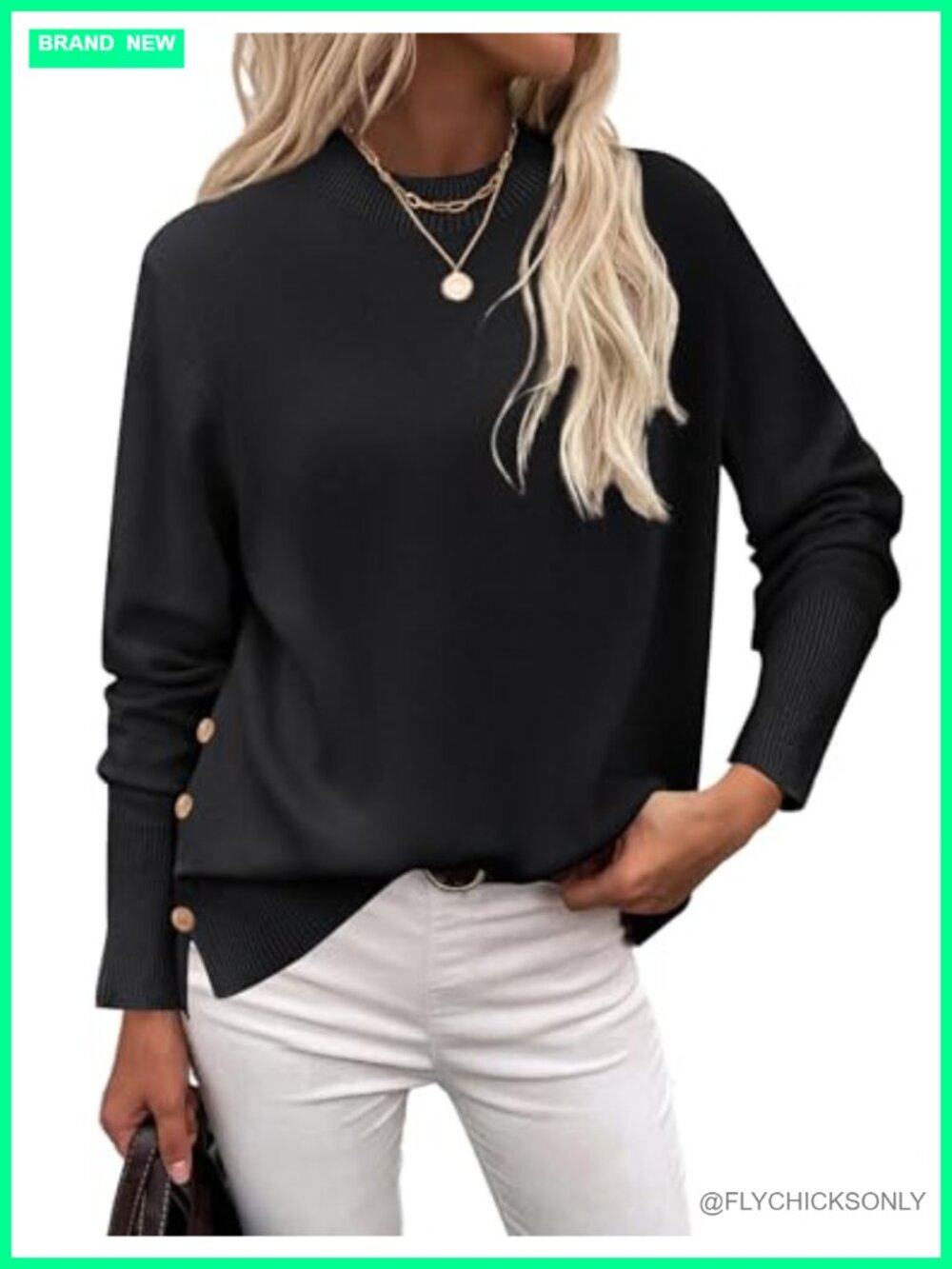 Loose Knit Side Button Long Sleeve Crewneck Pullover Sweater
